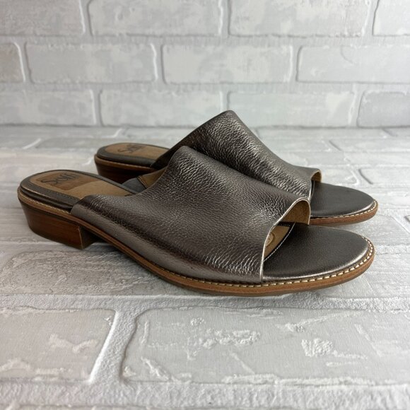 Sofft Slides Slip On Sandals Womens‎ 10 Metallic Pewter Low Wood Heel Open Toe - Picture 2 of 11